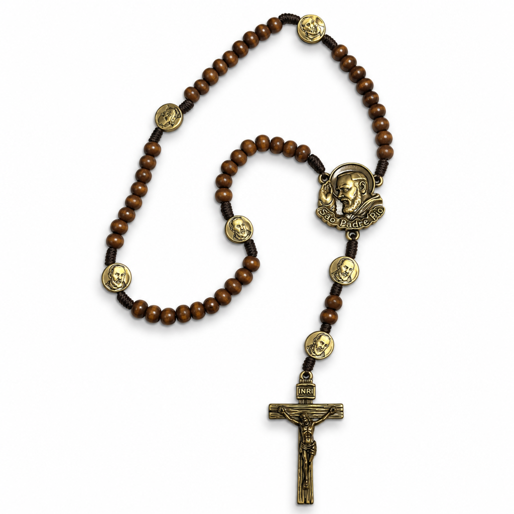 Terço de São Padre Pio em Madeira com Medalhas Douradas