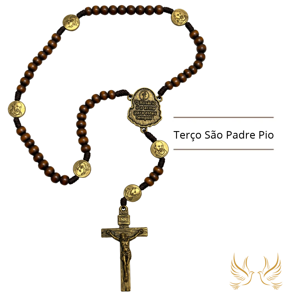 Terço de São Padre Pio em Madeira com Medalhas Douradas