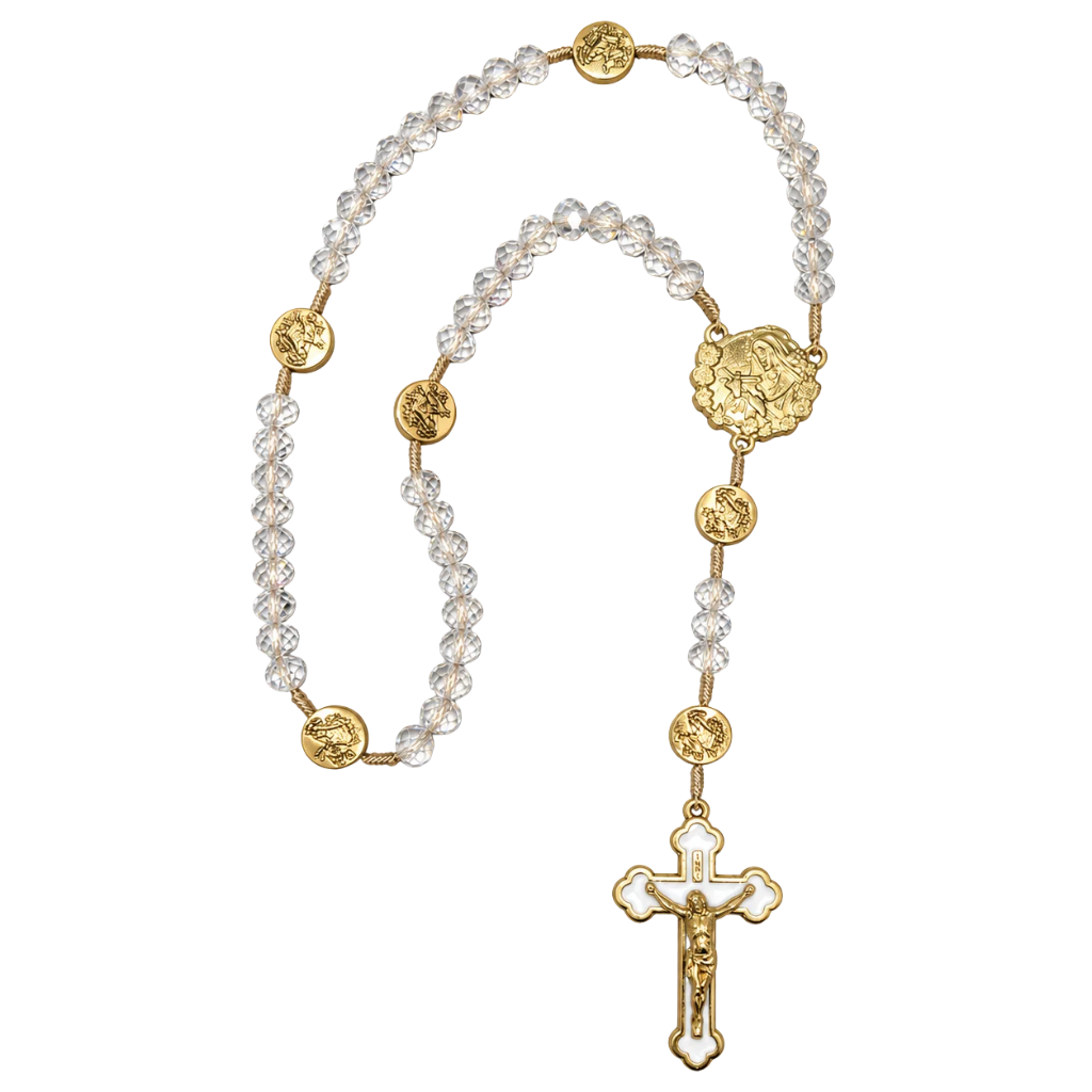 Terço Santa Rita de Cássia com Cristais Transparentes e Medalhas Douradas